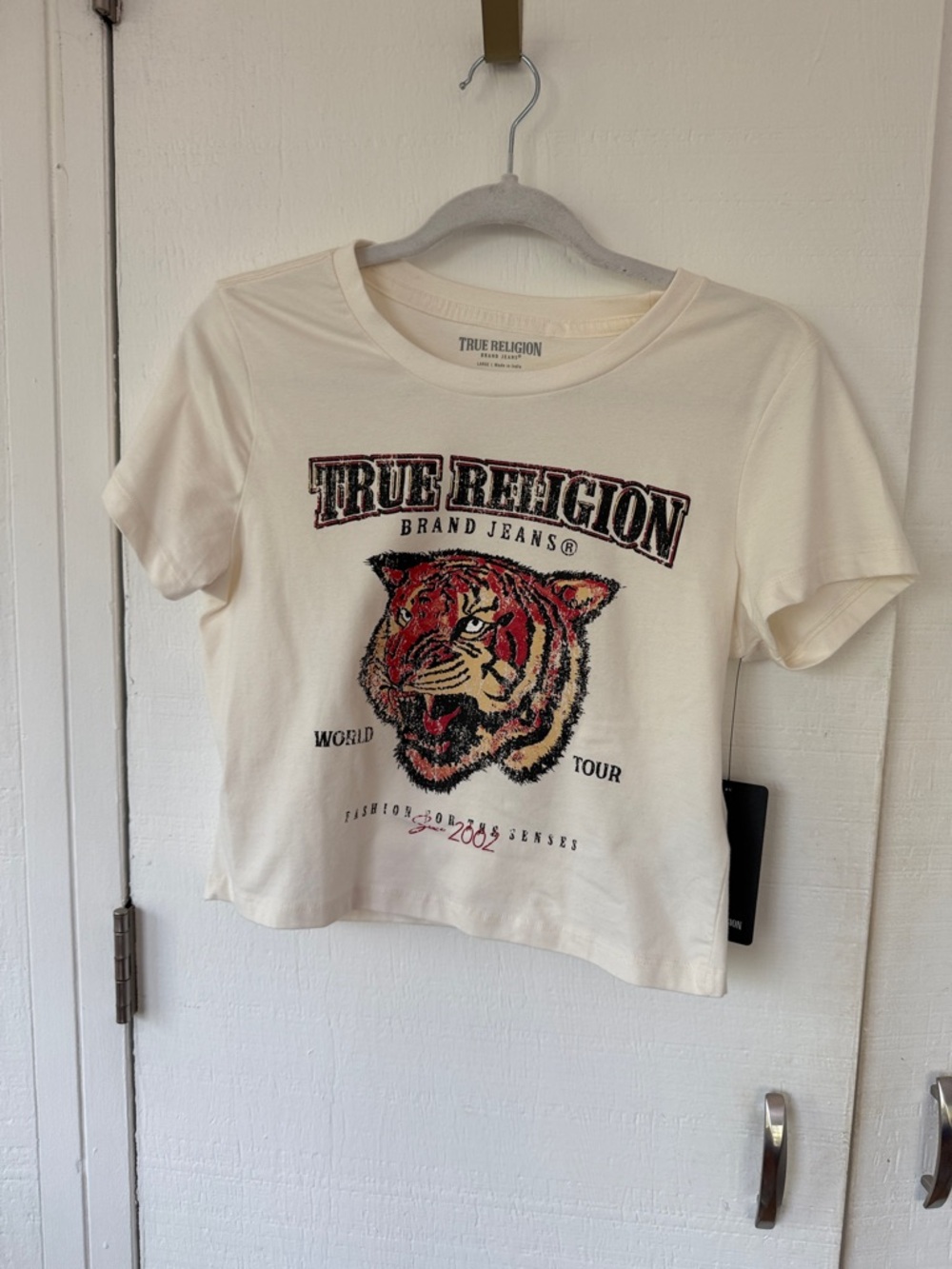 True Religion Cream Tee with Multicolor Tiger Graphic